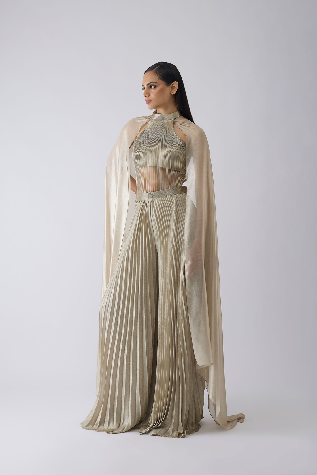 Corded Beige Bodysuit With Pants And Drape
