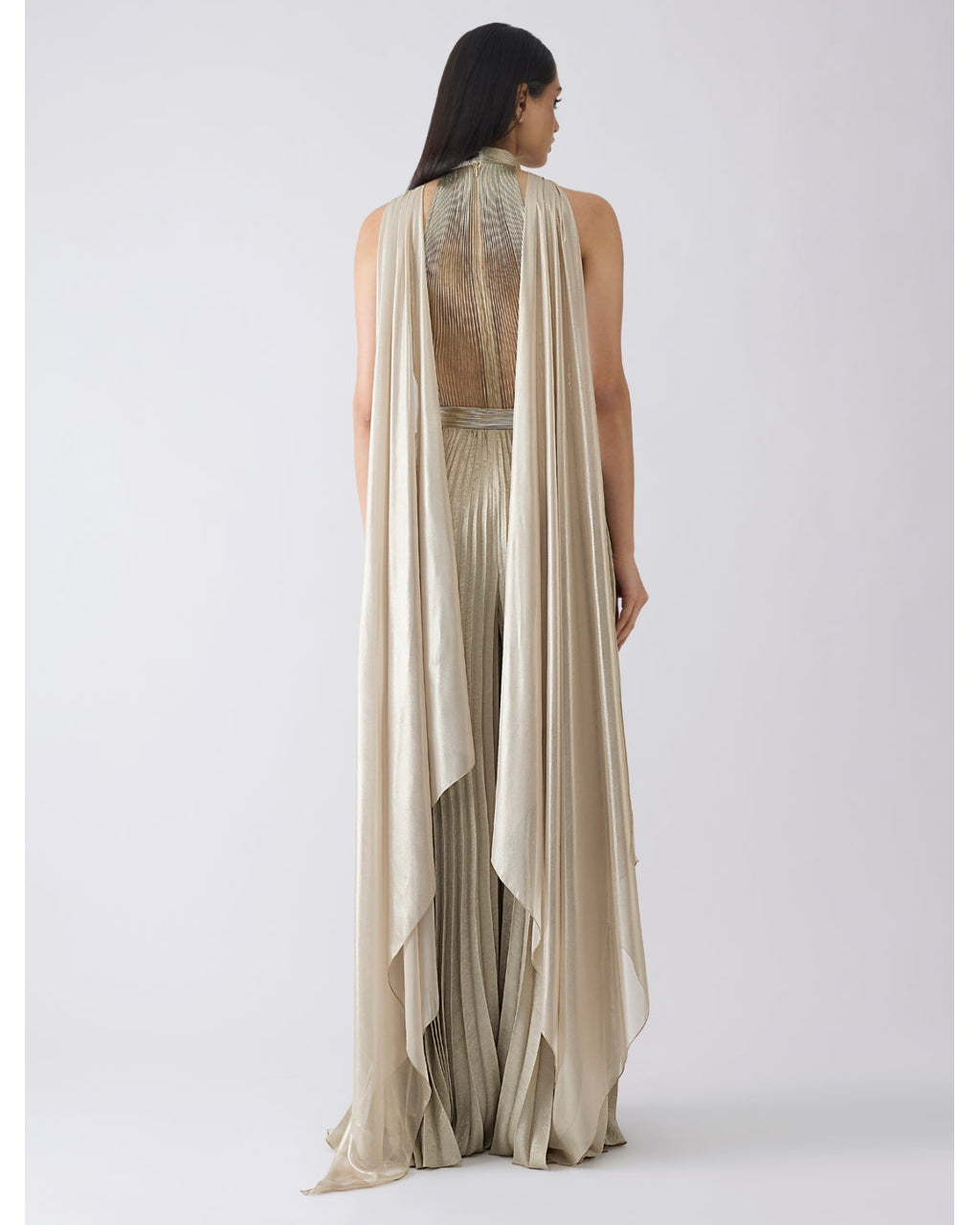 Corded Beige Bodysuit With Pants And Drape