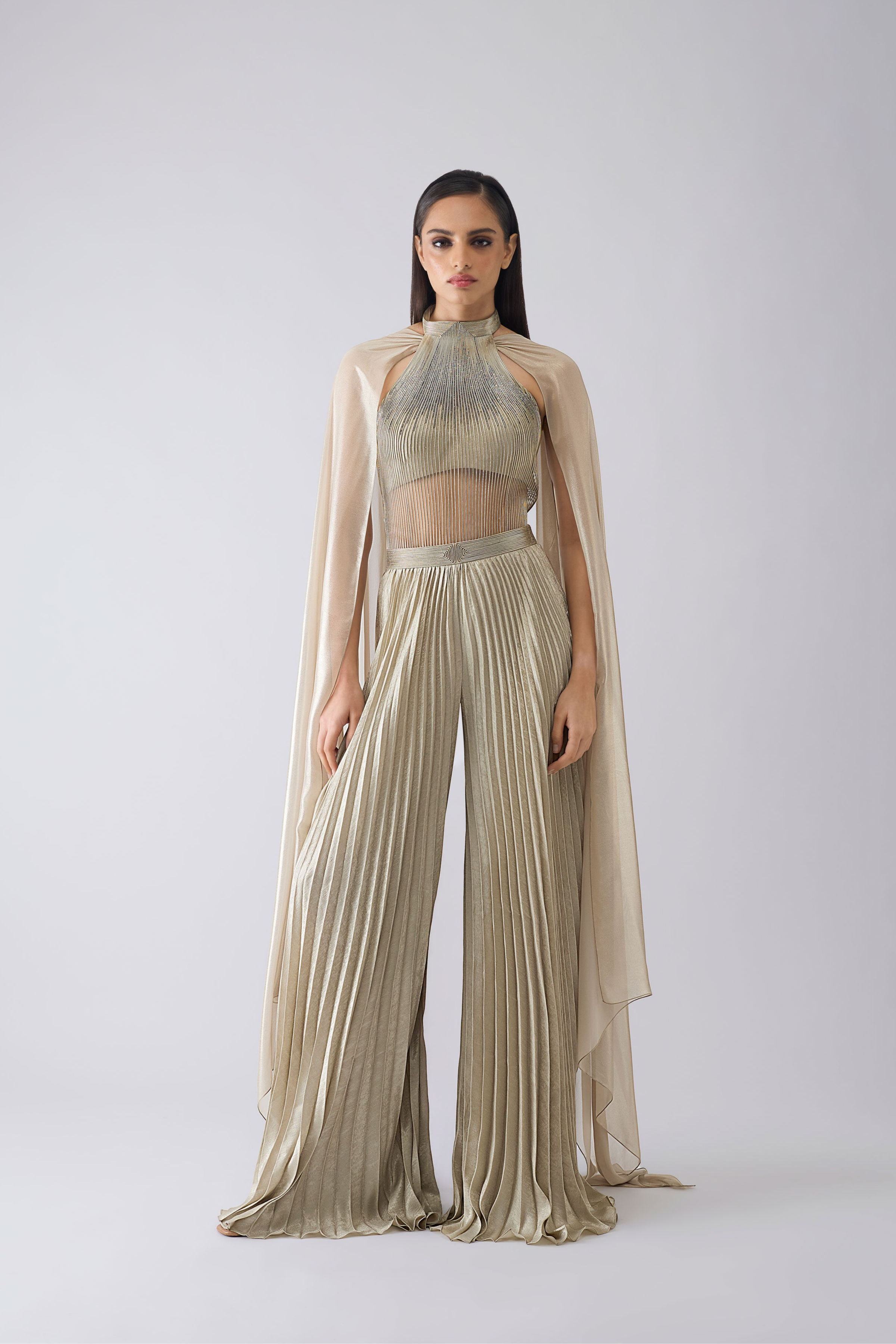 Corded Beige Bodysuit With Pants And Drape