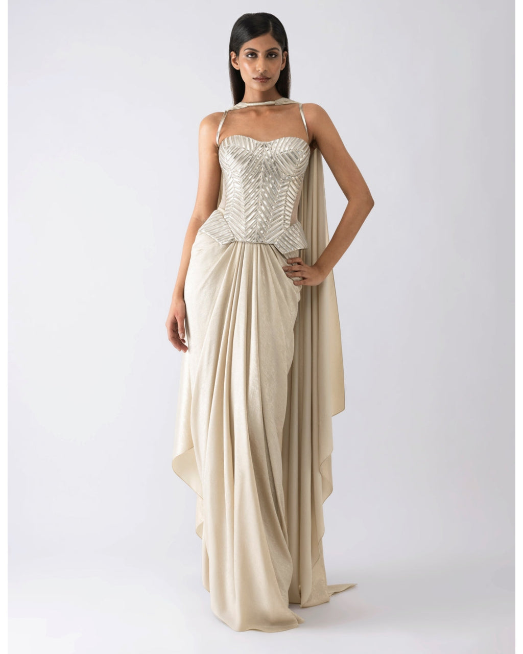Metallic Structured Beige Corset And Skirt