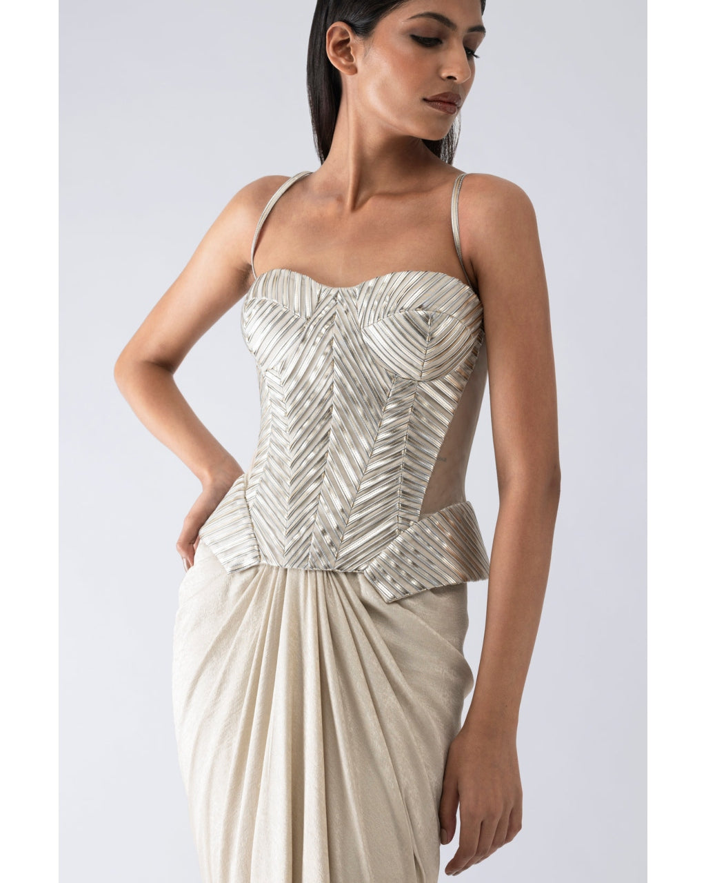 Metallic Structured Beige Corset And Skirt