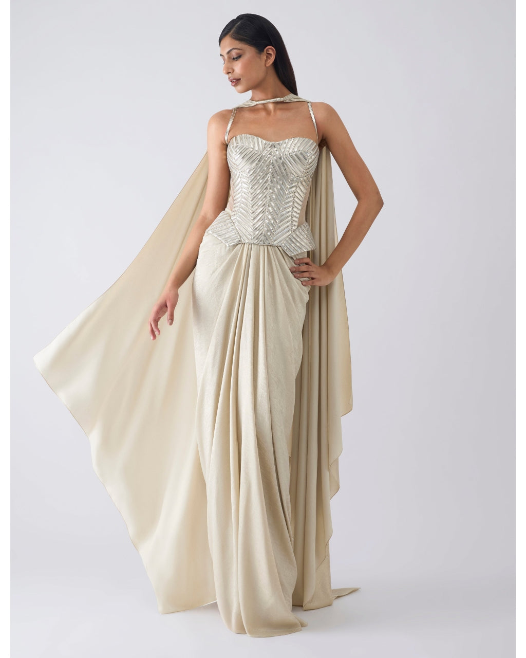 Metallic Structured Beige Corset And Skirt