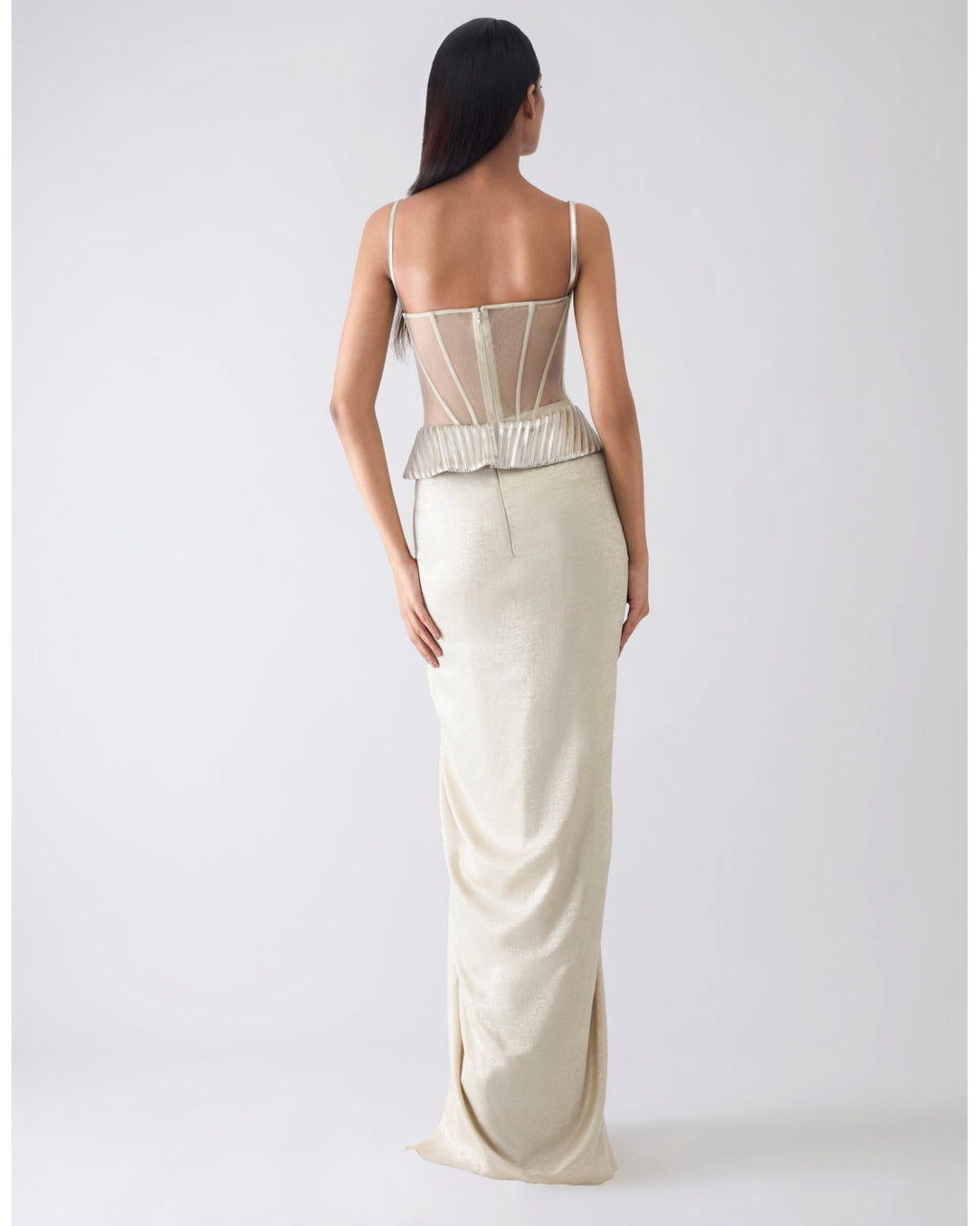 Metallic Structured Beige Corset And Skirt