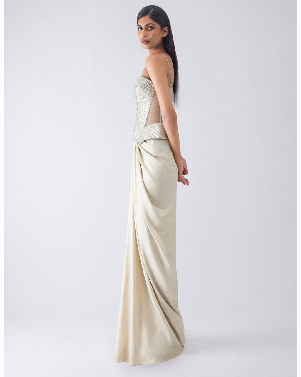 Metallic Structured Beige Corset And Skirt