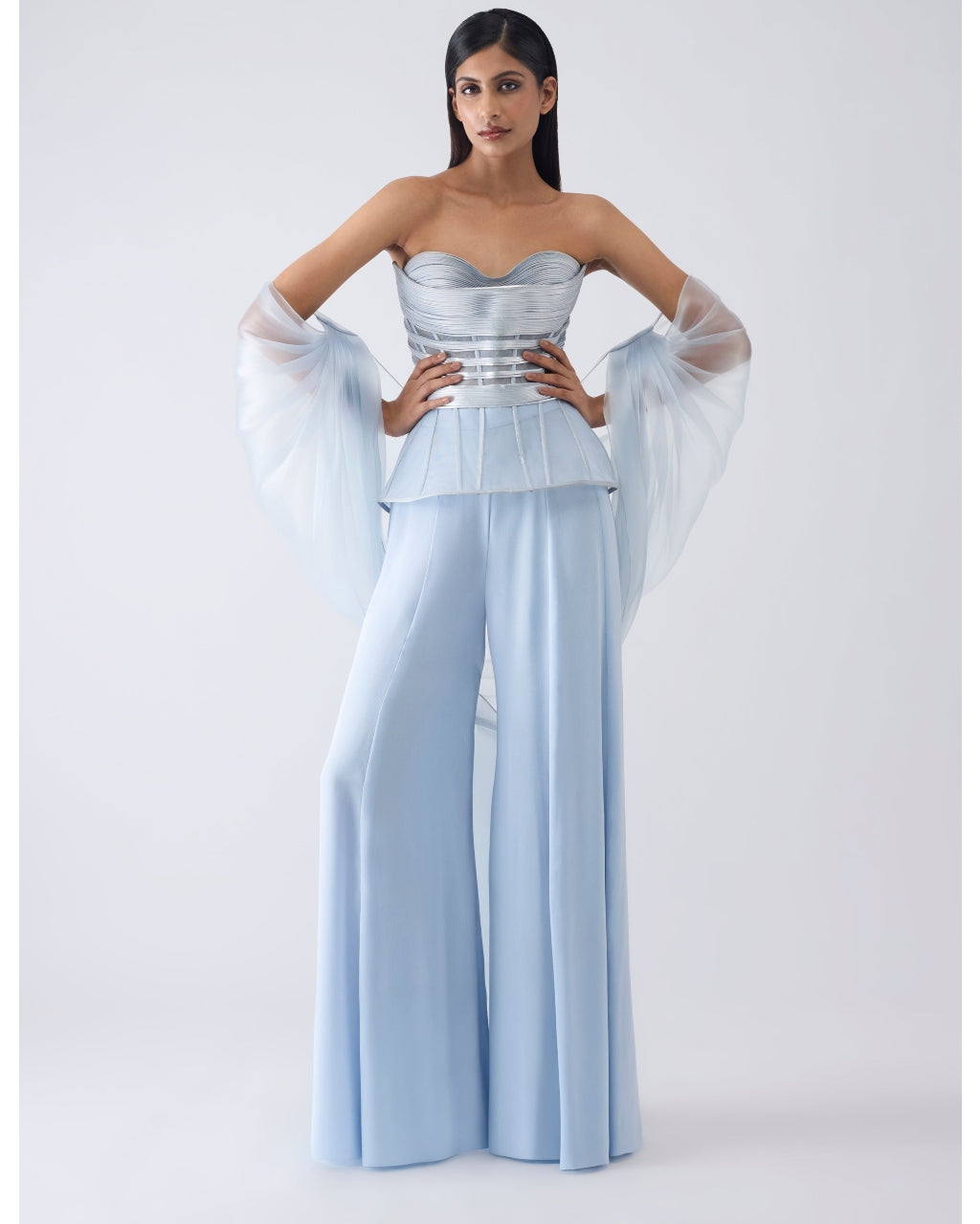 Metallic Structured Blue Corset With Pants And Cape