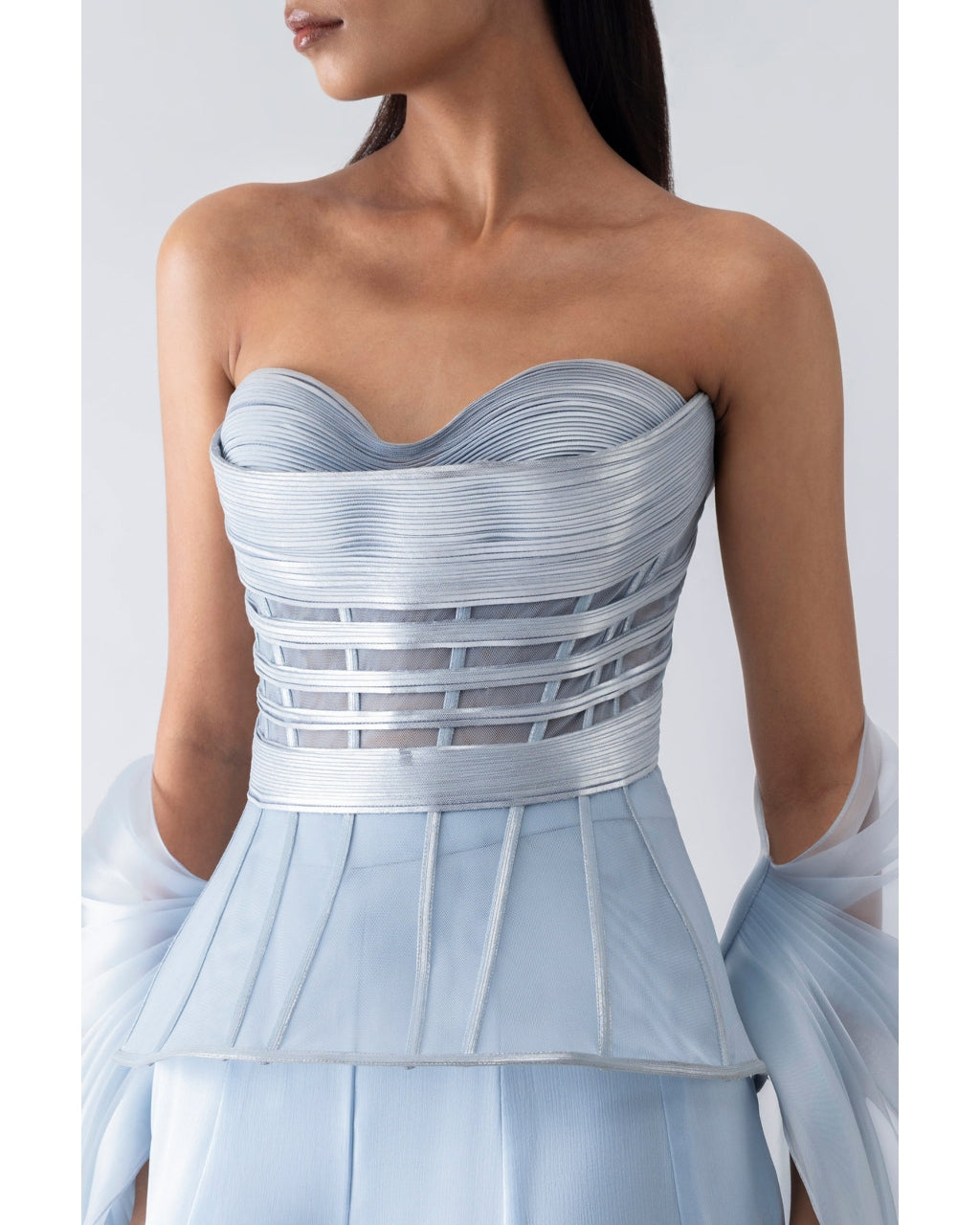 Metallic Structured Blue Corset With Pants And Cape