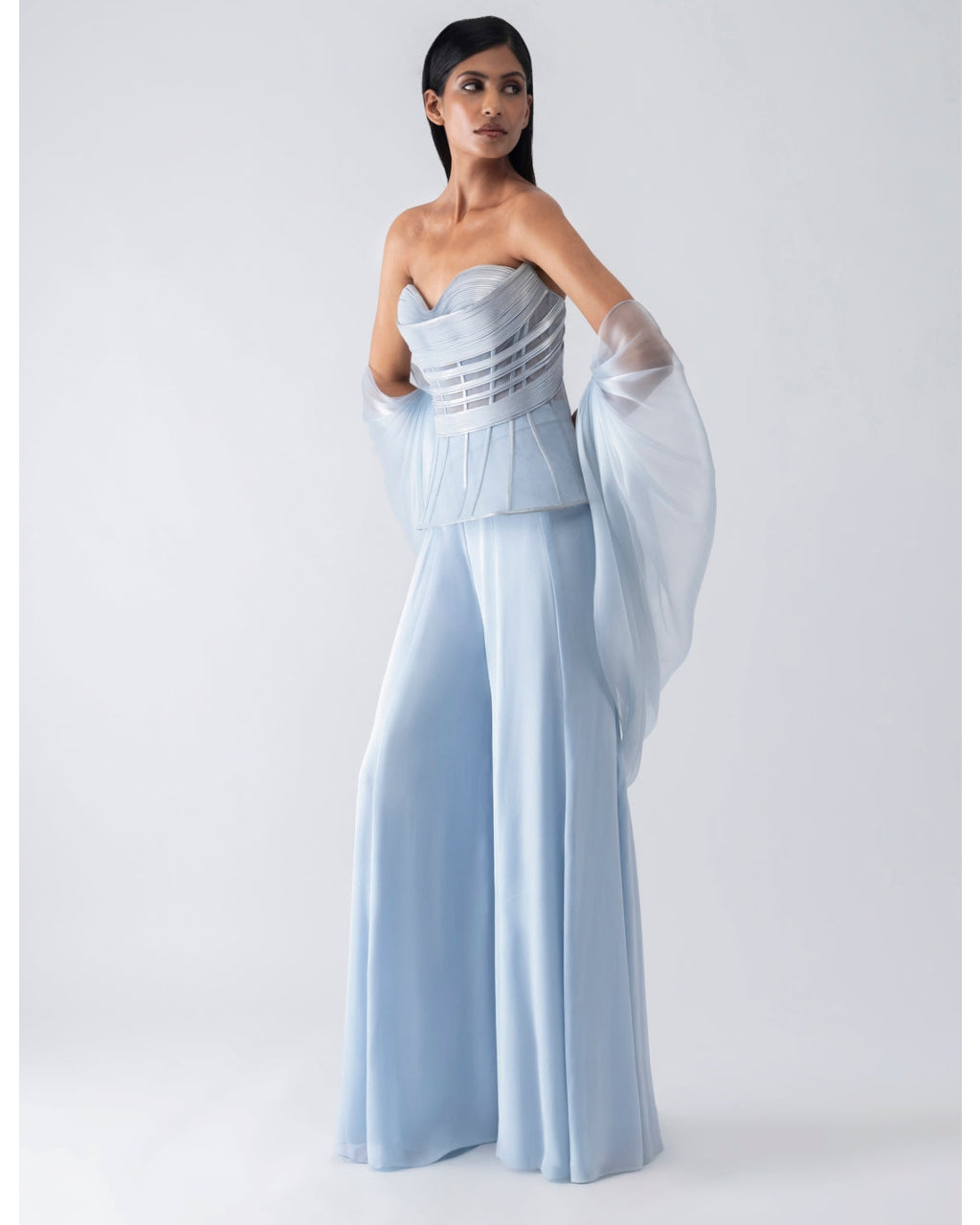 Metallic Structured Blue Corset With Pants And Cape