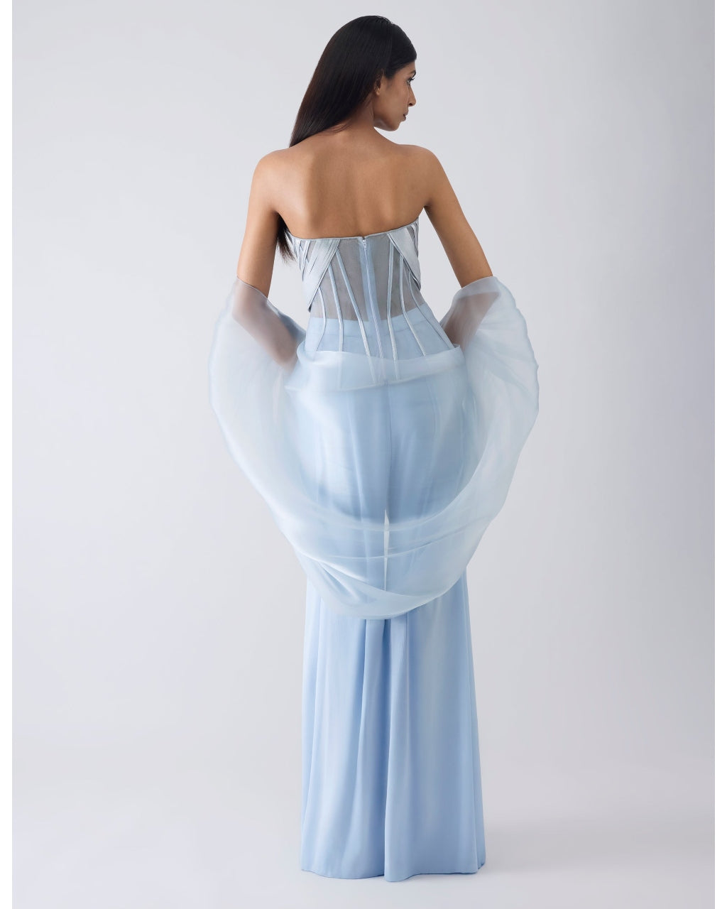 Metallic Structured Blue Corset With Pants And Cape