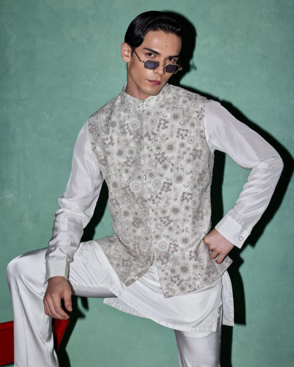 White Garden In Bloom Nehru Jacket Set