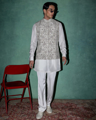 White Garden In Bloom Nehru Jacket Set