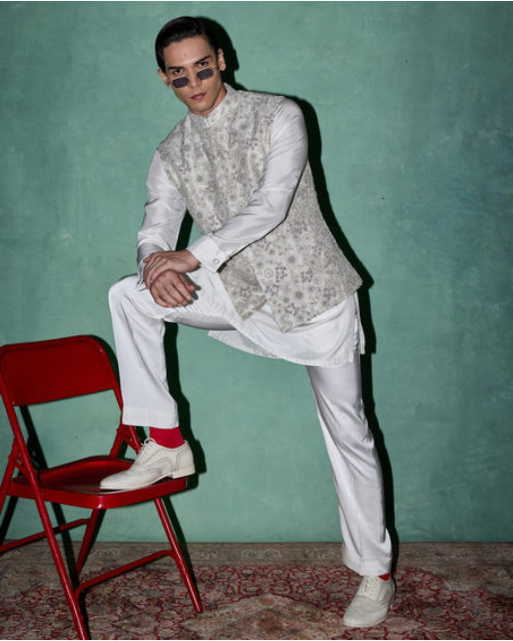 White Garden In Bloom Nehru Jacket Set