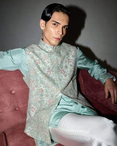 Blue Garden In Bloom Nehru Jacket Set