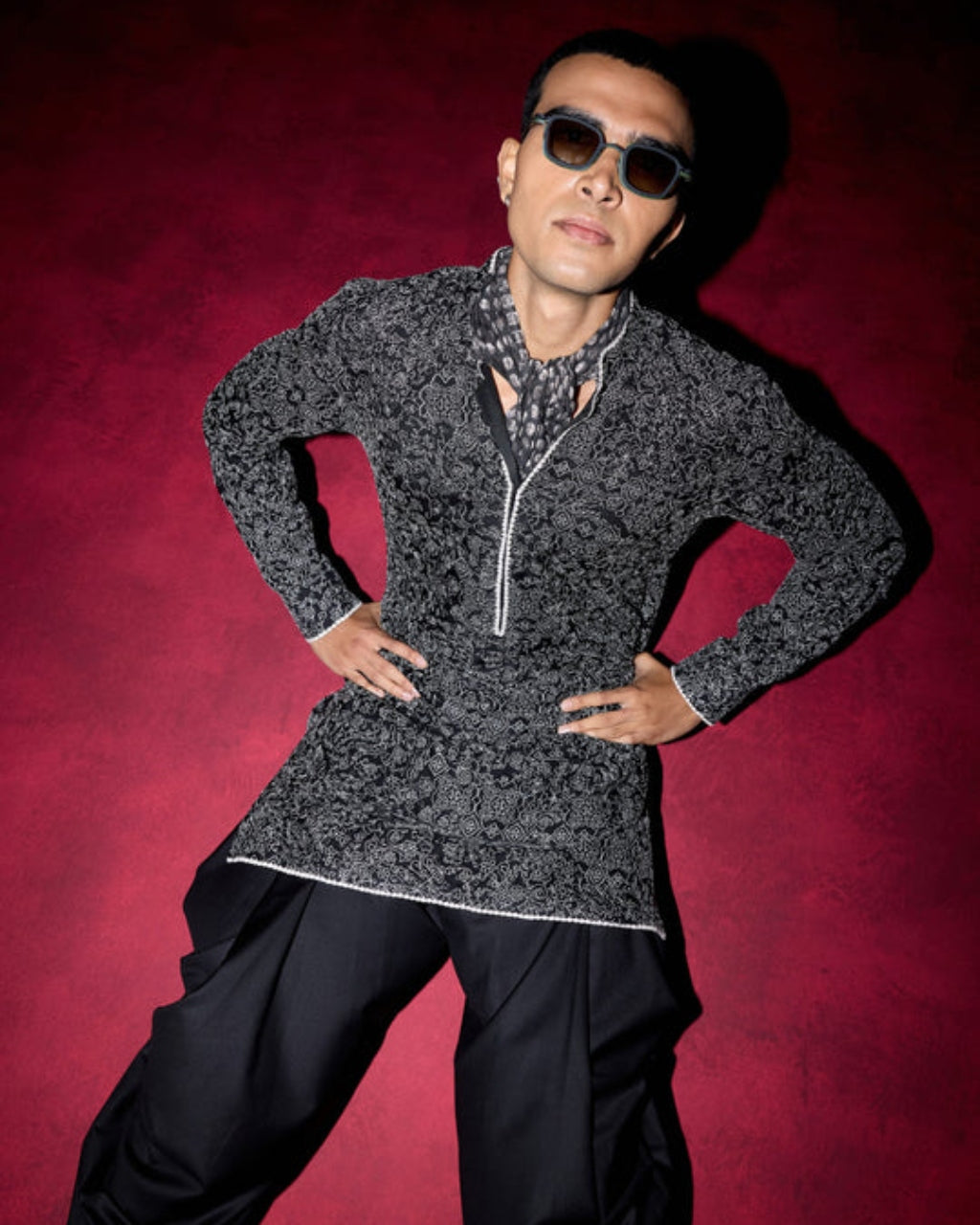Kasuti Floral+Grid Deep Neck Kurta