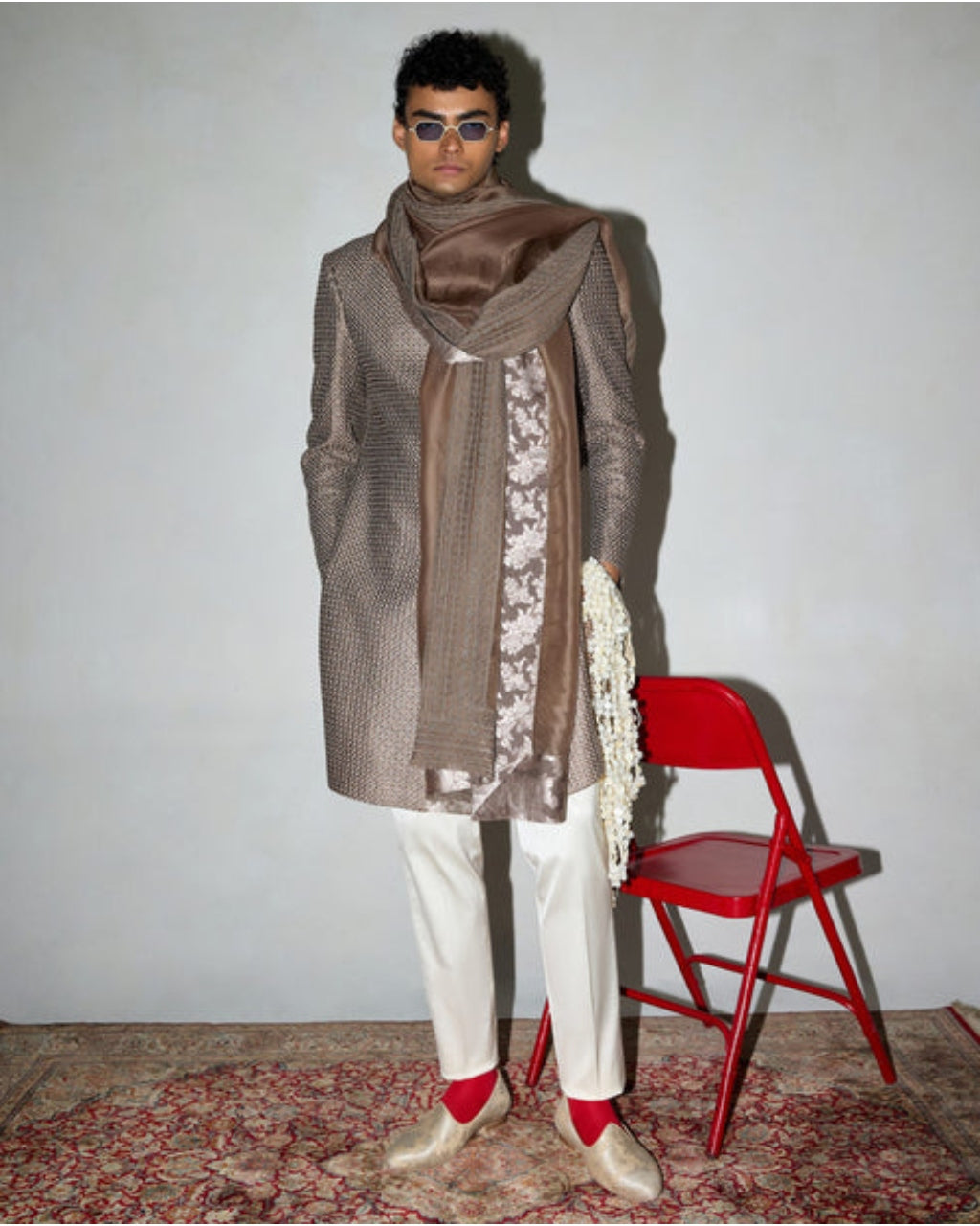 Neo Classic Achkan Set With Embroidered Stole