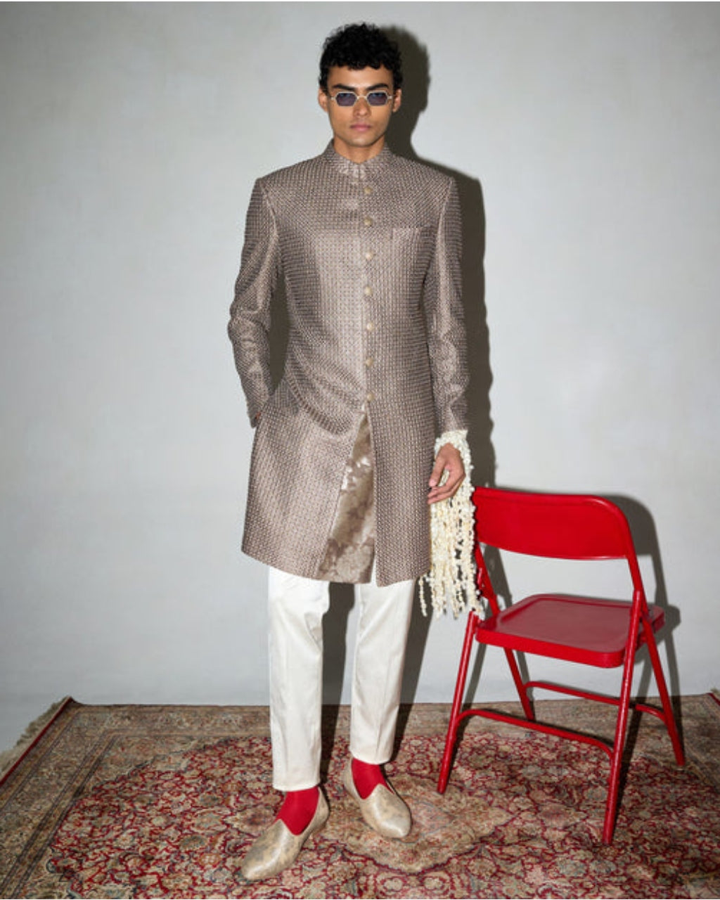 Neo Classic Achkan Set With Embroidered Stole