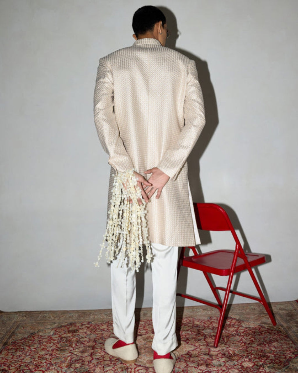 Ivory Neo Classic Achkan Set With Embroidered Stole