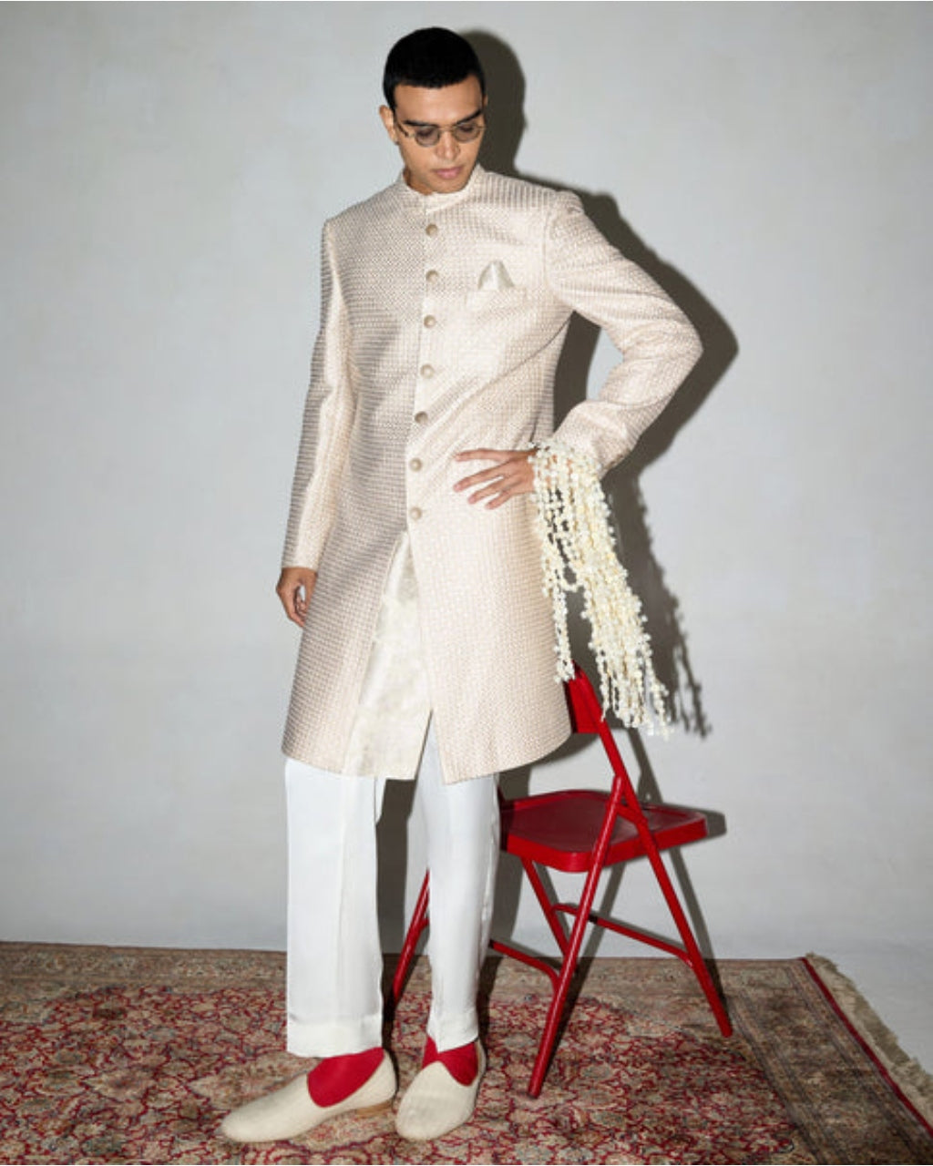 Ivory Neo Classic Achkan Set With Embroidered Stole