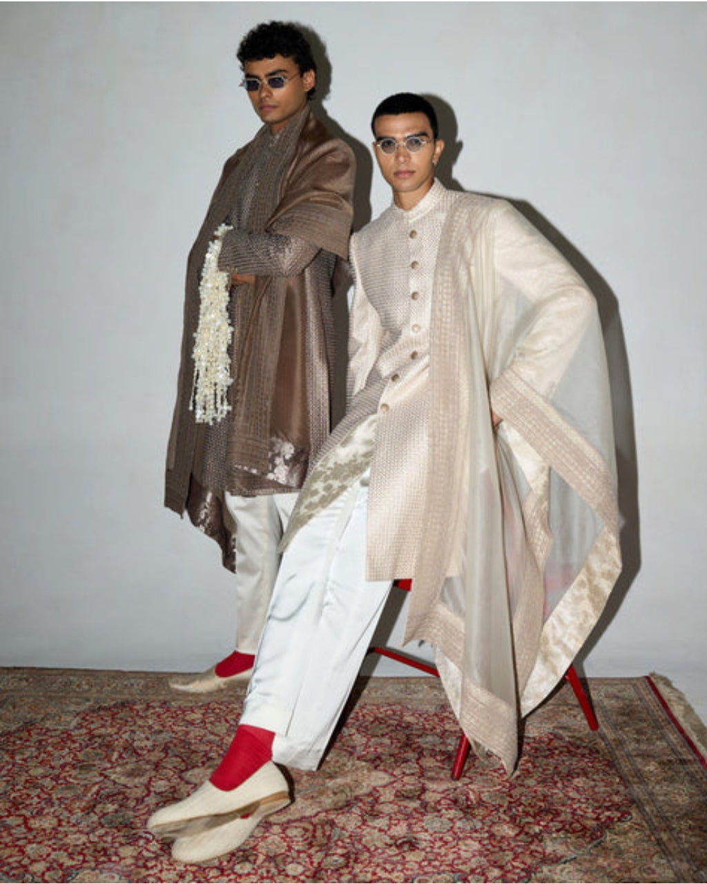Ivory Neo Classic Achkan Set With Embroidered Stole