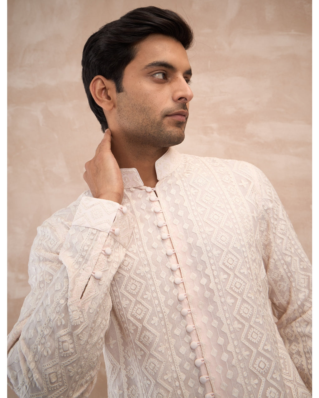 Powder Pink Vertical Aari Flb Kurta Shirt Set