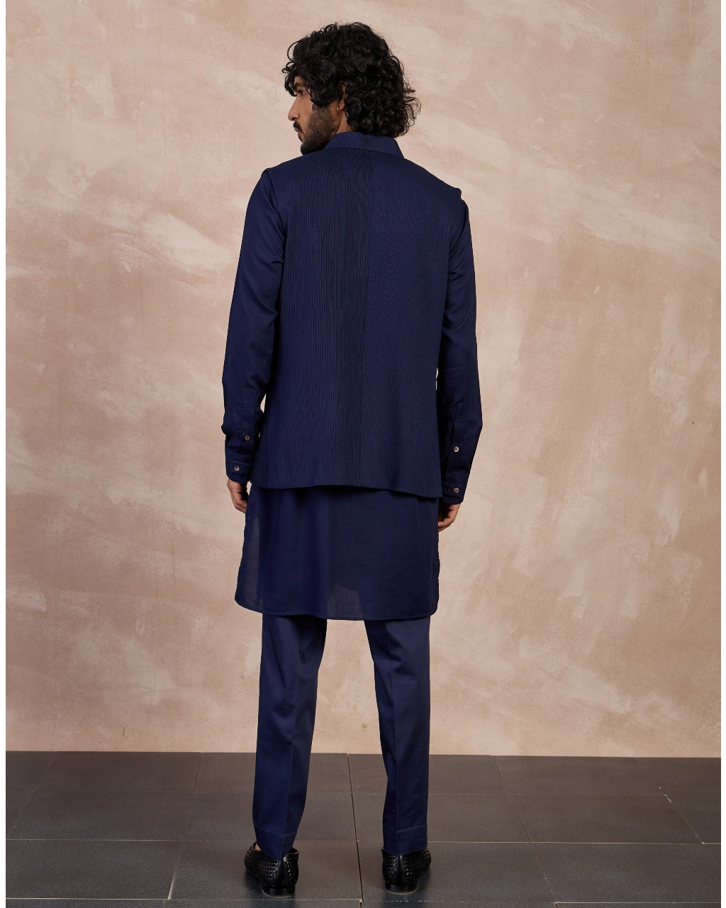 Navy Basic Pin tucks Nehru Jacket Set