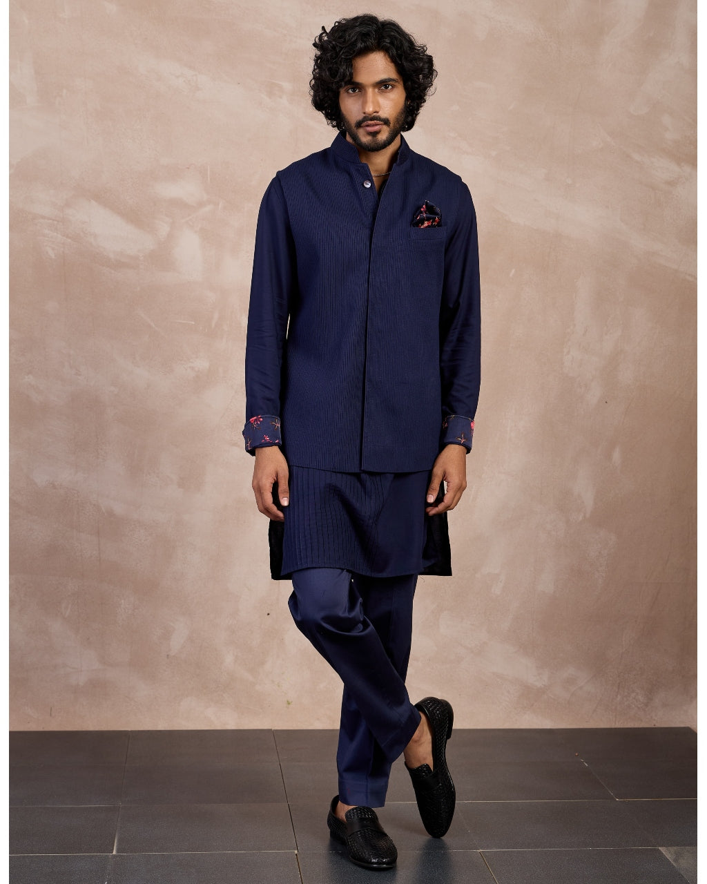 Navy Basic Pin tucks Nehru Jacket Set