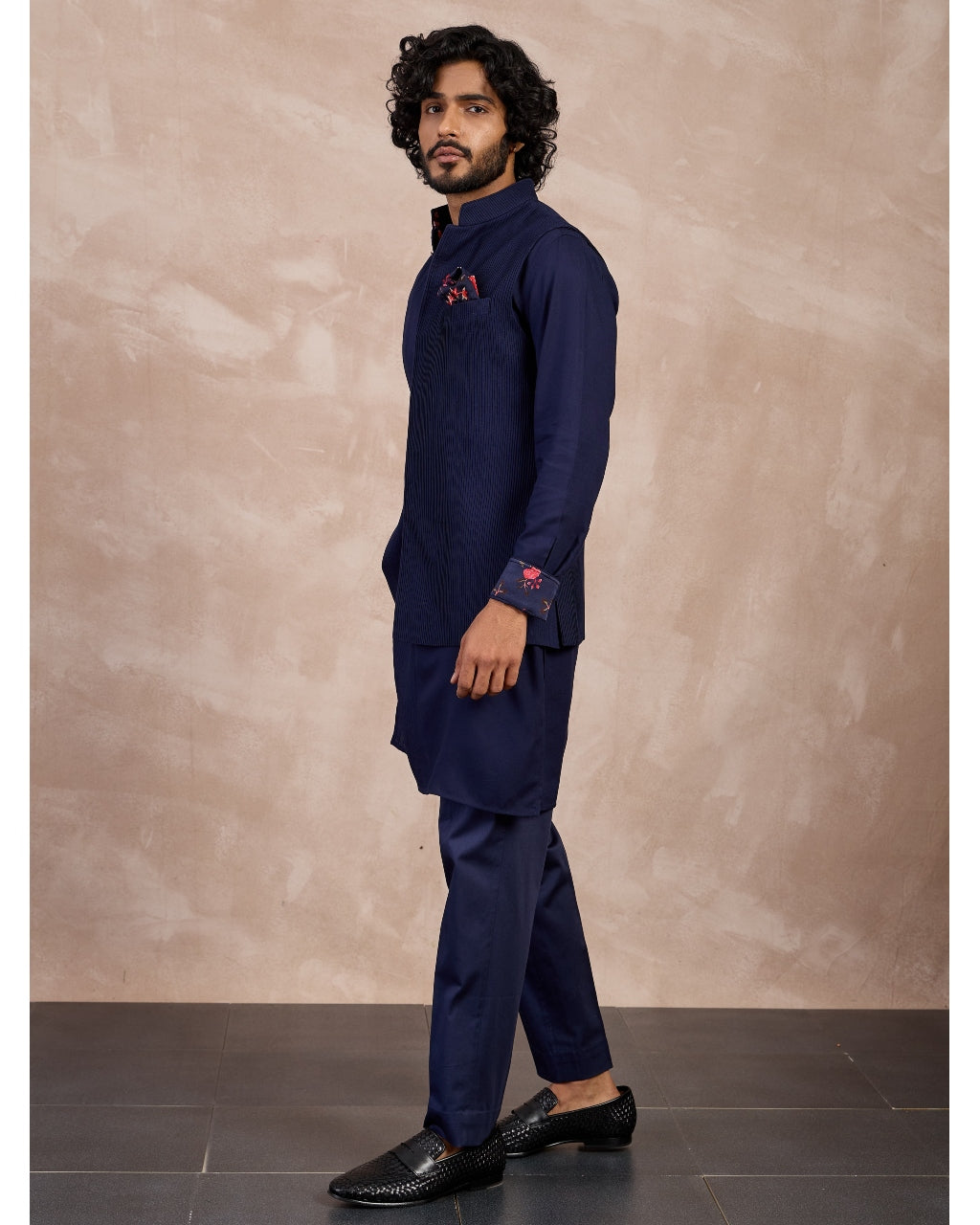 Navy Basic Pin tucks Nehru Jacket Set