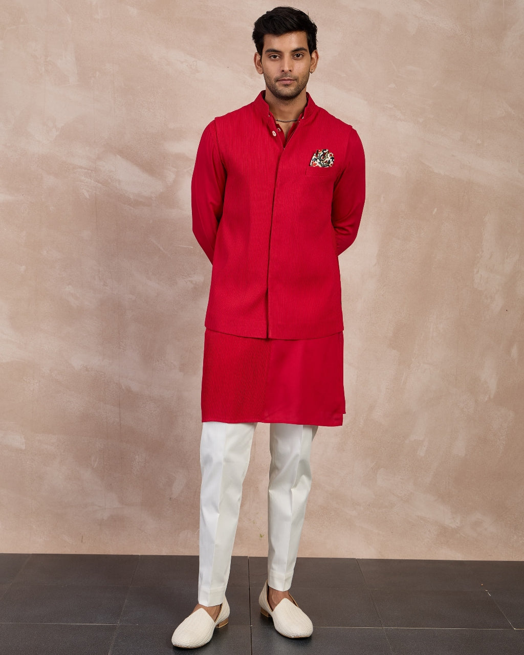 Red Basic Pin tucks Nehru Jacket Set