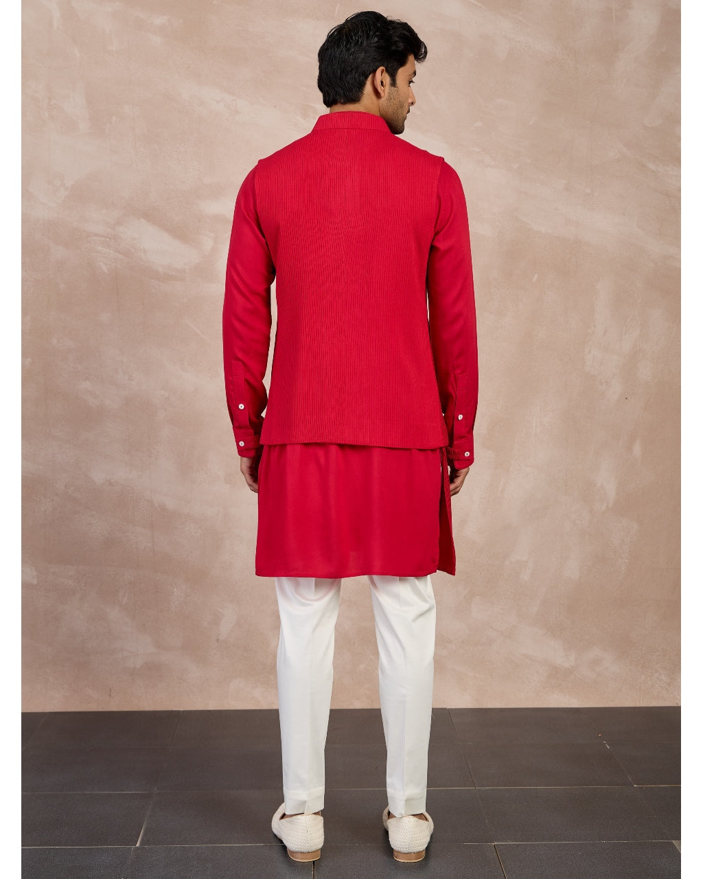 Red Basic Pin tucks Nehru Jacket Set