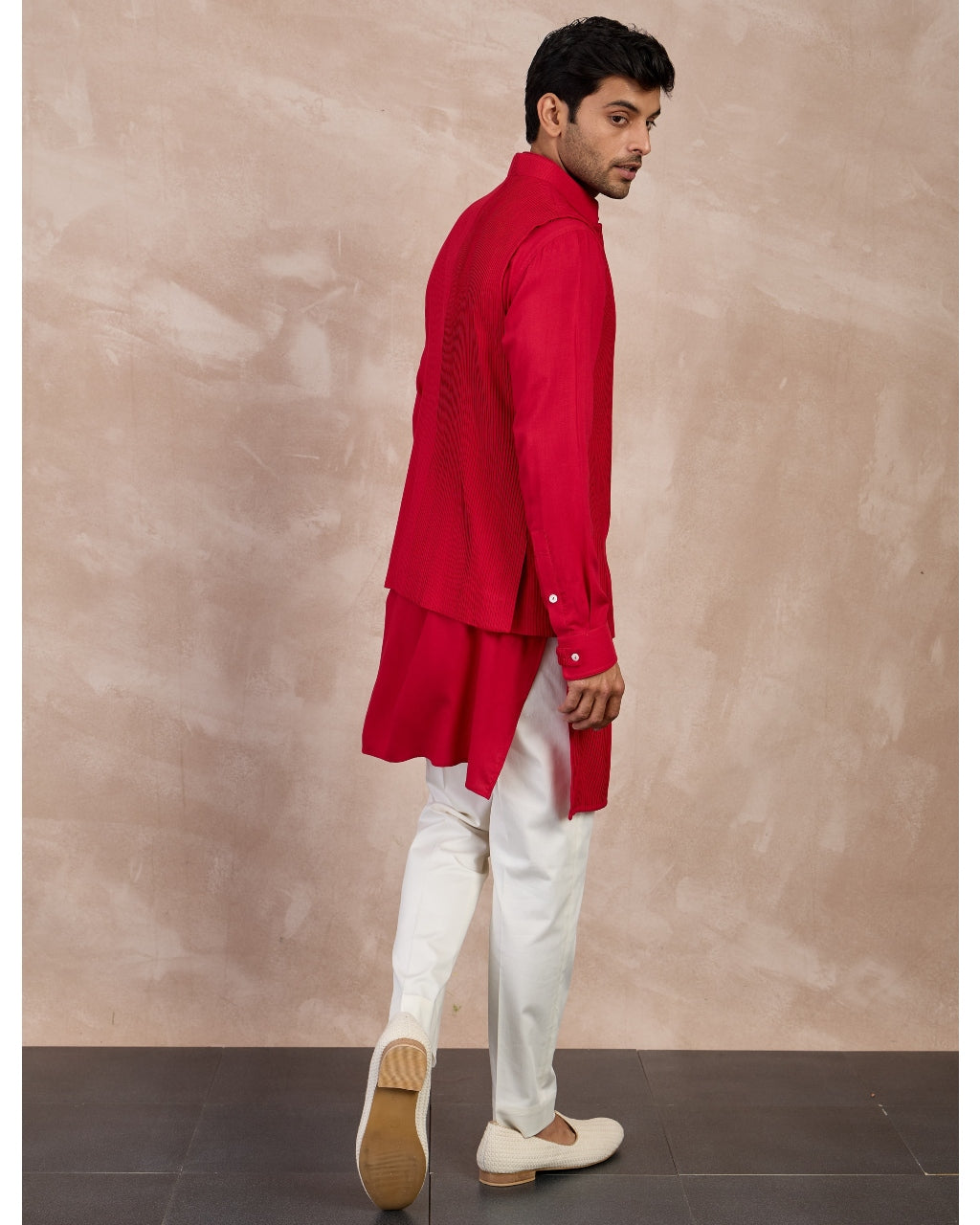 Red Basic Pin tucks Nehru Jacket Set