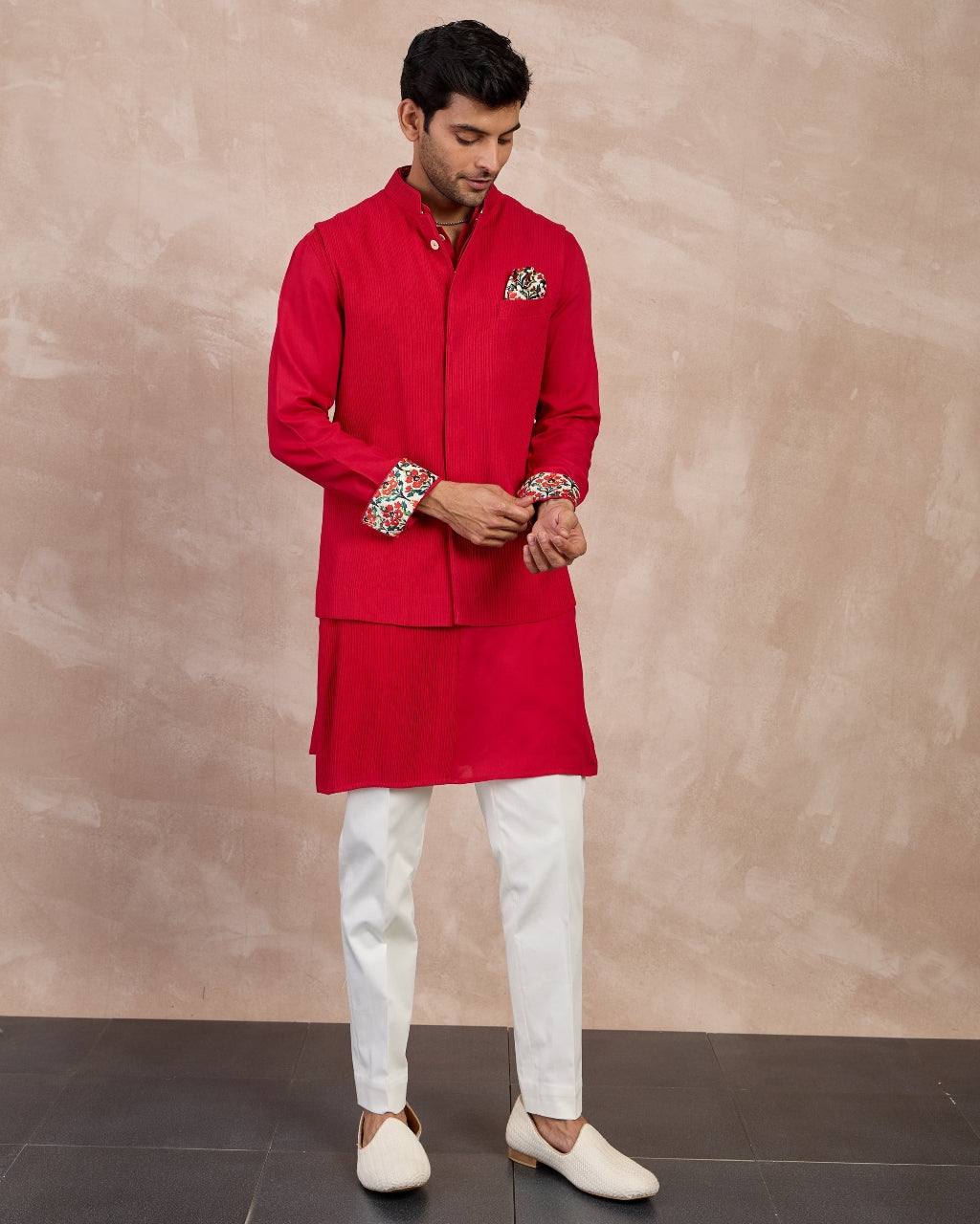 Red Basic Pin tucks Nehru Jacket Set