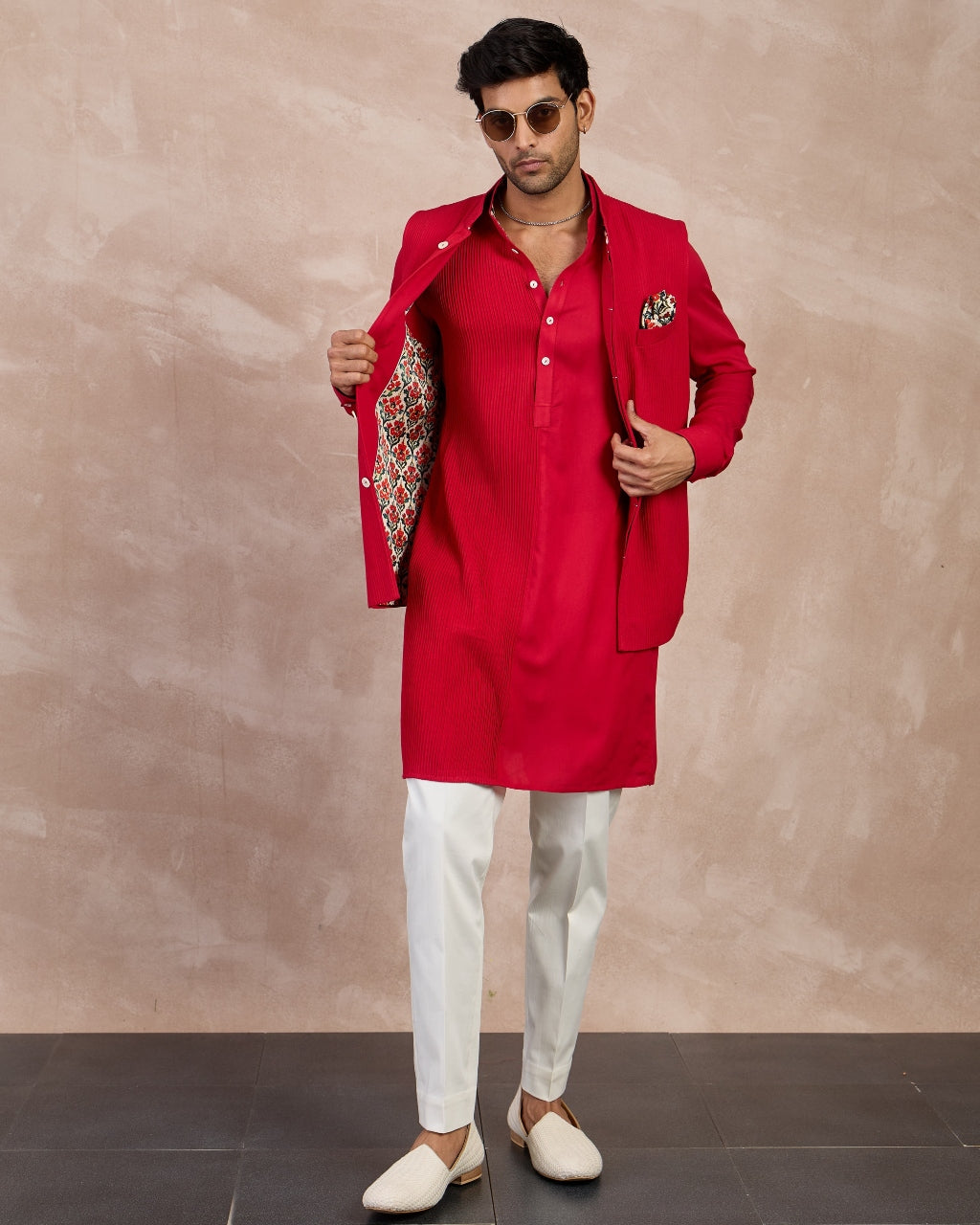 Red Basic Pin tucks Nehru Jacket Set