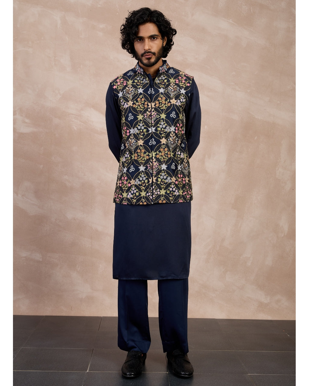 Navy Bloom Nehru Jacket Set