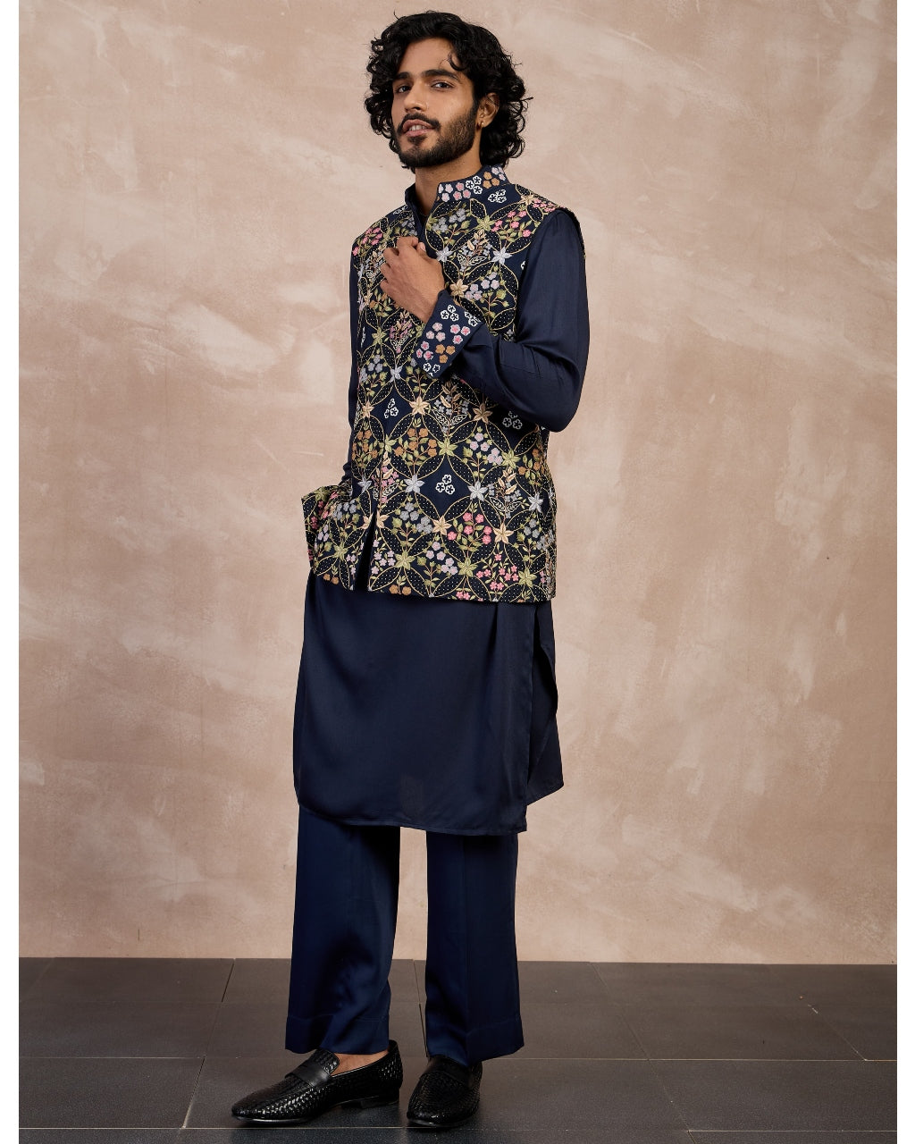 Navy Bloom Nehru Jacket Set