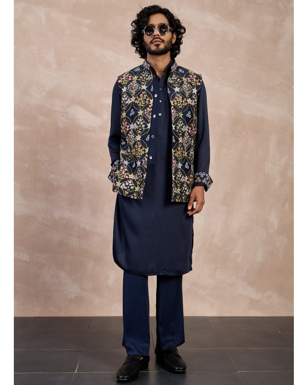 Navy Bloom Nehru Jacket Set