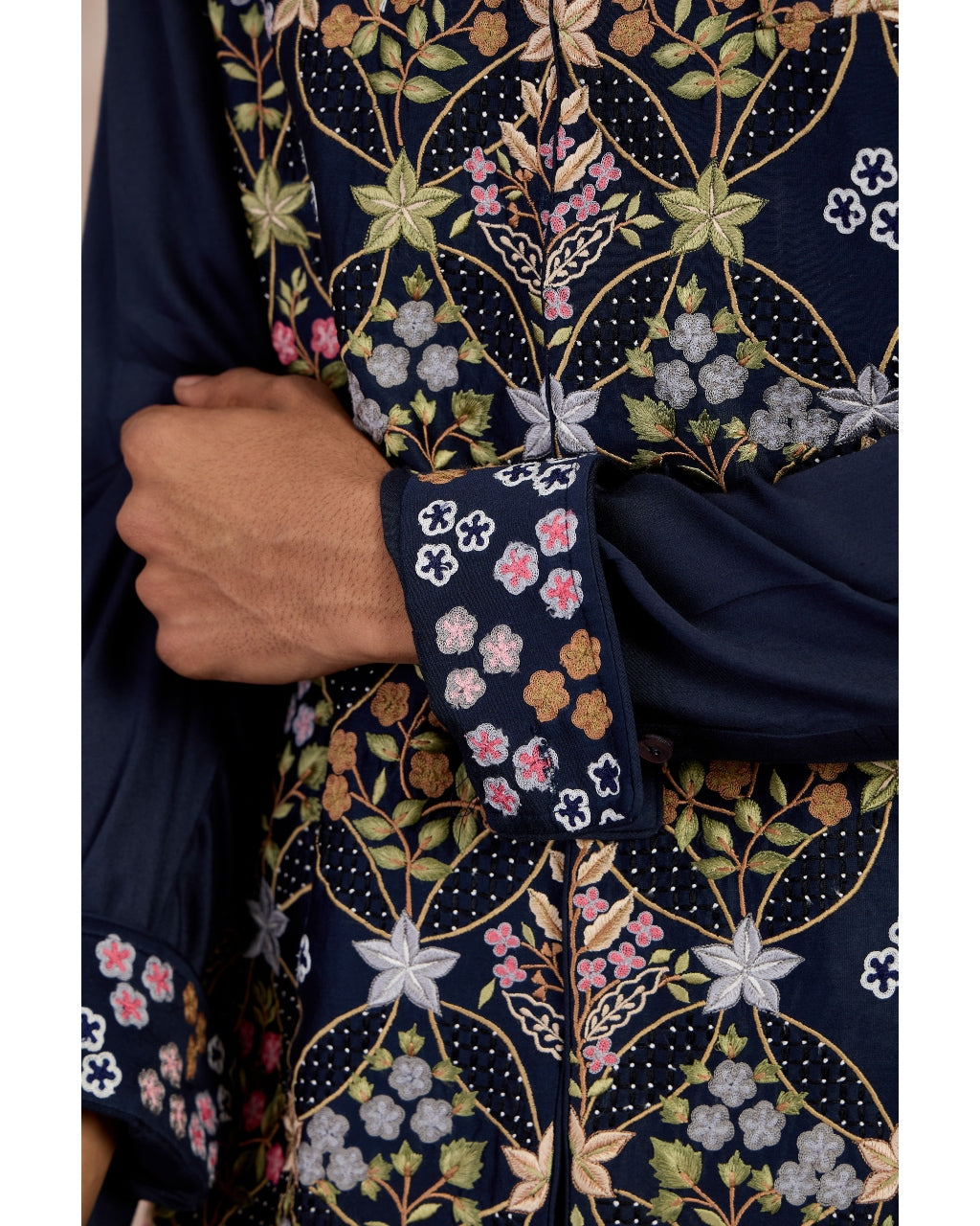 Navy Bloom Nehru Jacket Set