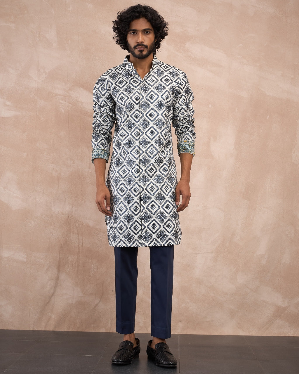 Blue & Charcoal Dice Front Open Edge Cut Kurta Set