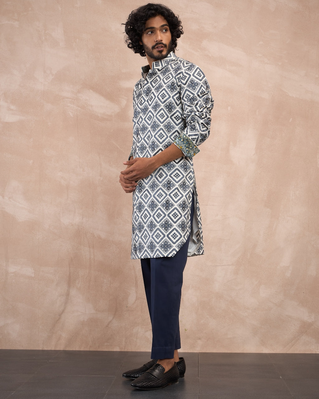 Blue & Charcoal Dice Front Open Edge Cut Kurta Set