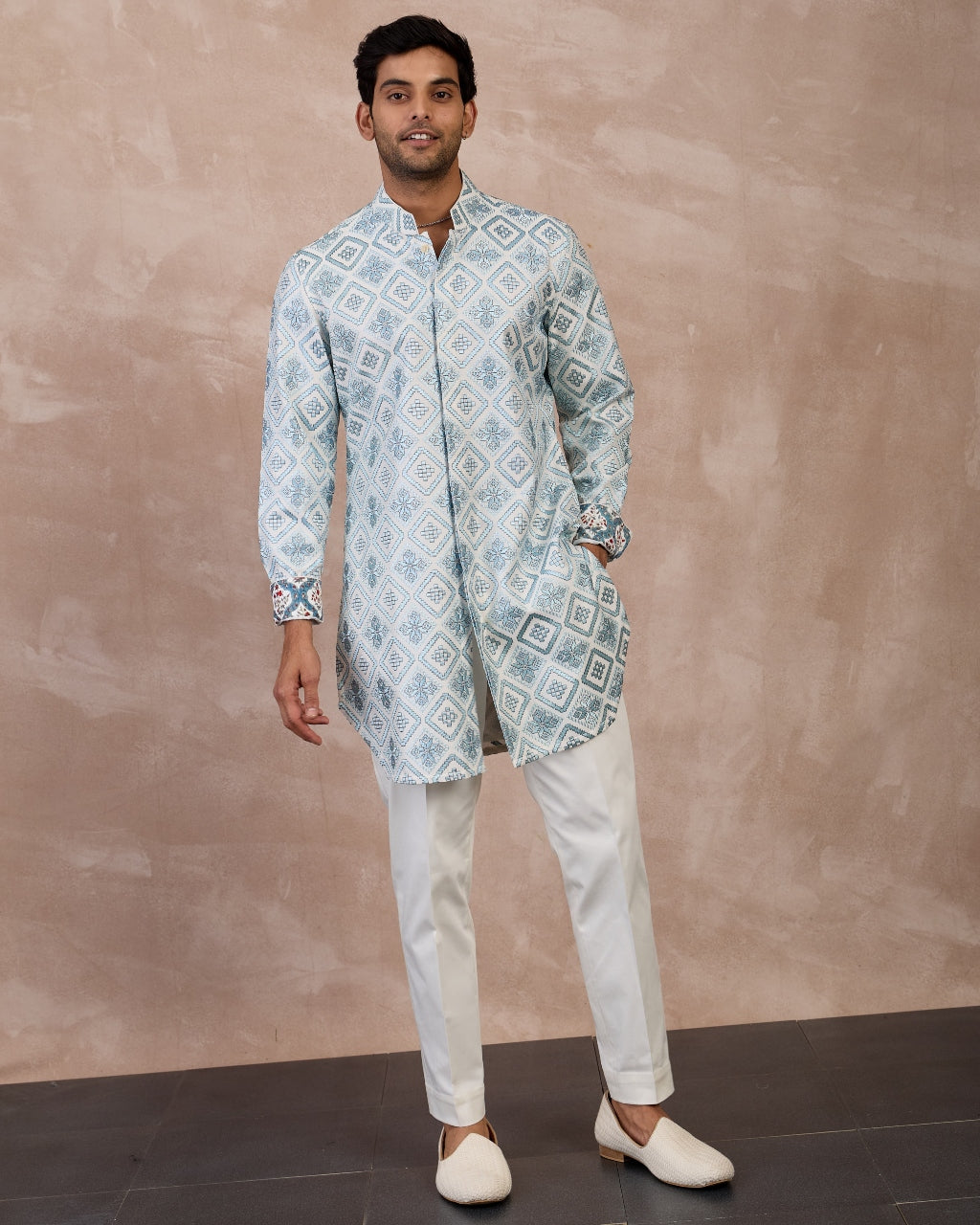 Ivory & Powder Blue Dice Front Open Edge Cut Kurta Set