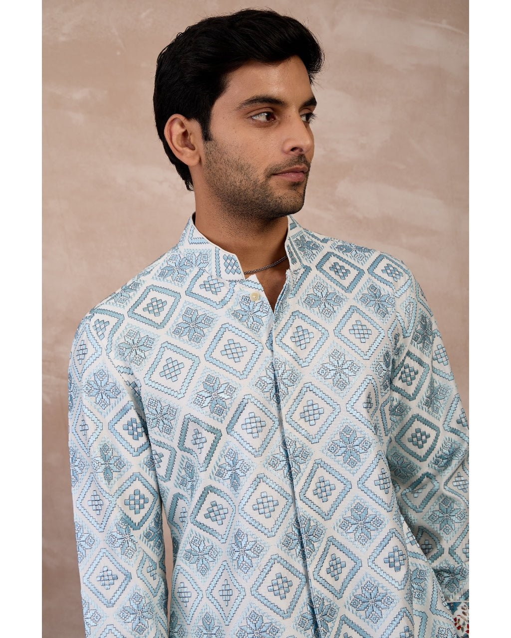 Ivory & Powder Blue Dice Front Open Edge Cut Kurta Set