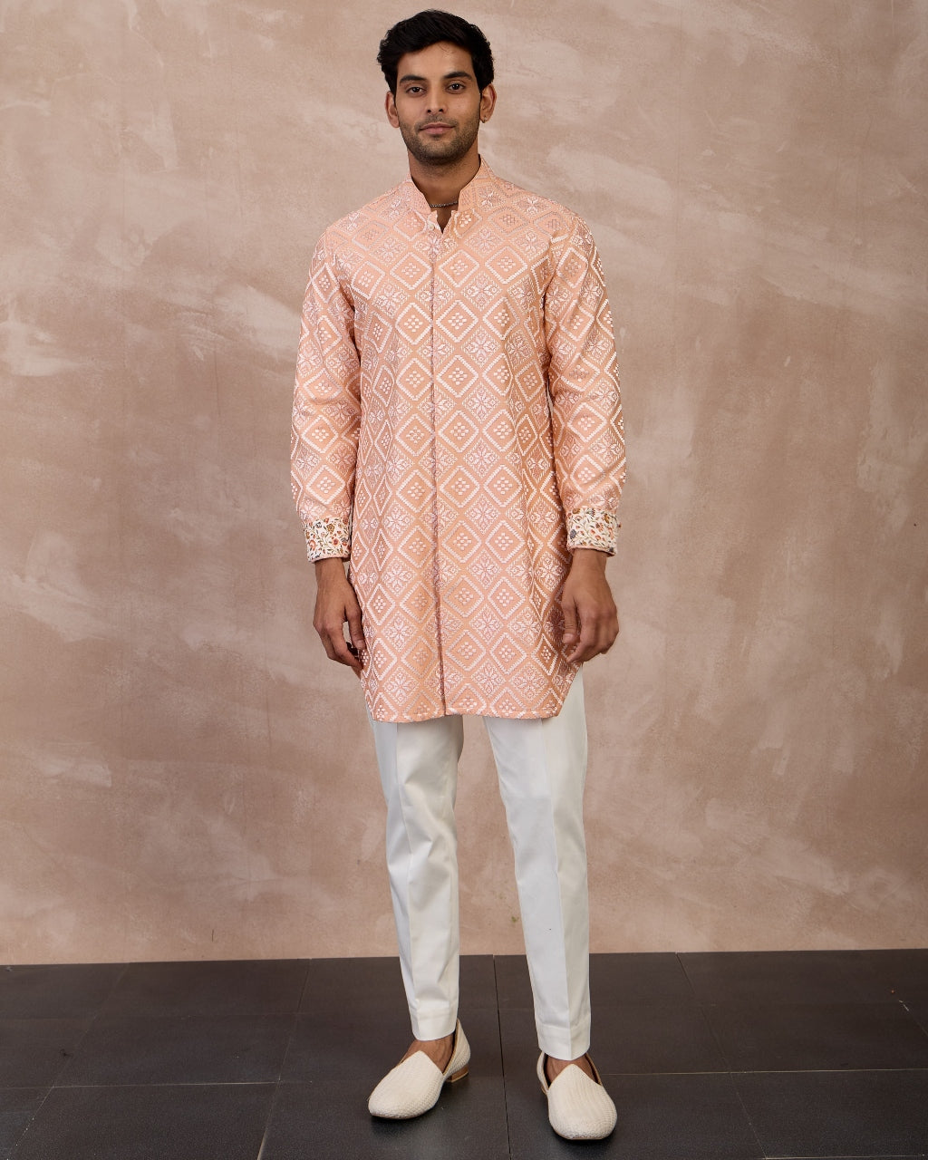 Peach & Ivory Dice Front Open Edge Cut Kurta Set