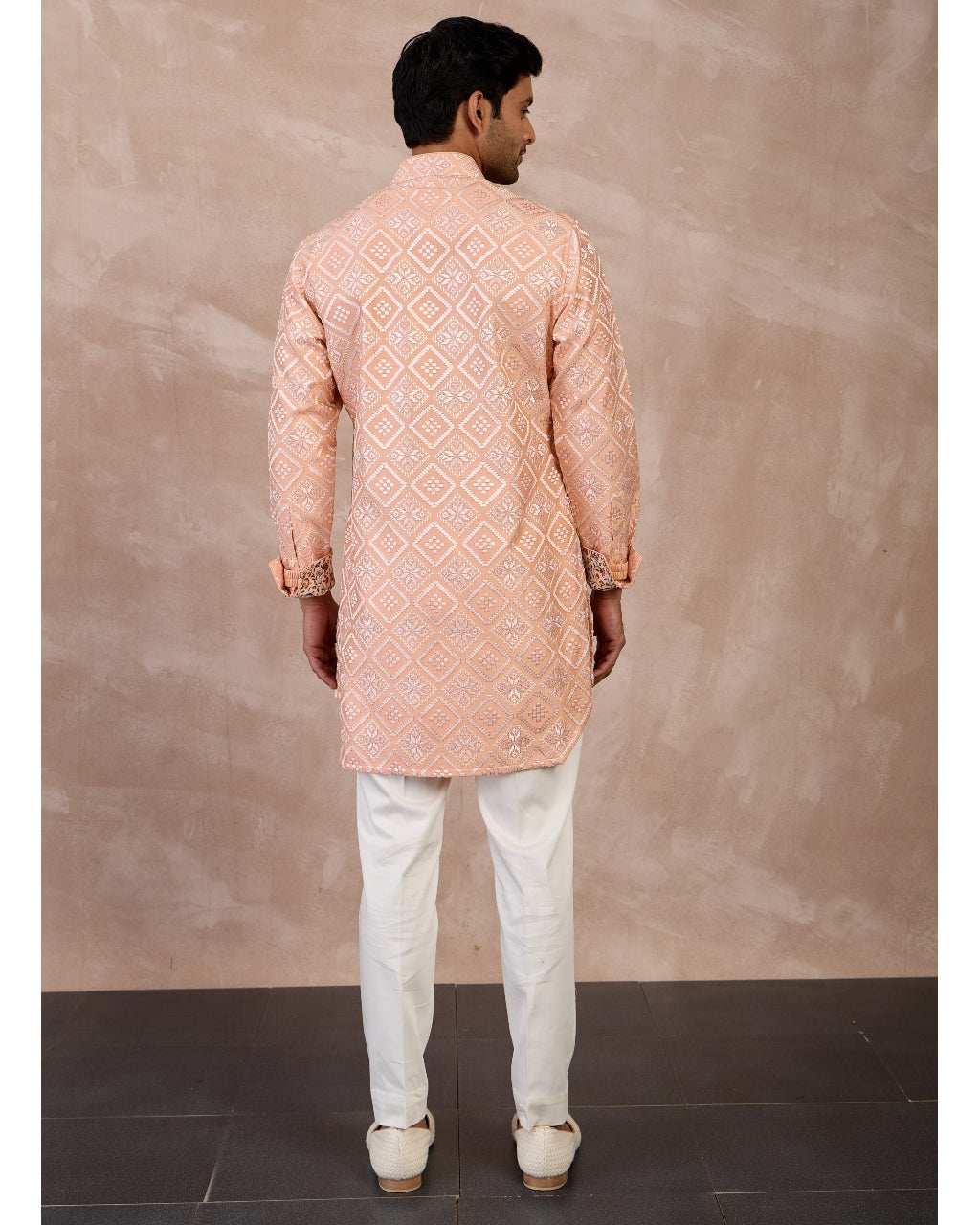 Peach & Ivory Dice Front Open Edge Cut Kurta Set