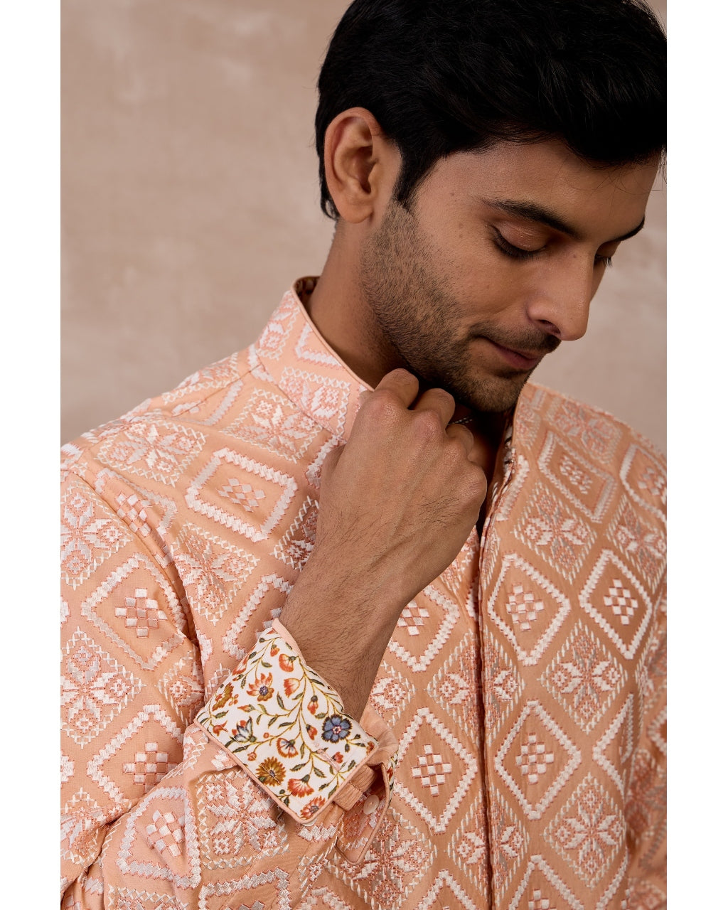 Peach & Ivory Dice Front Open Edge Cut Kurta Set