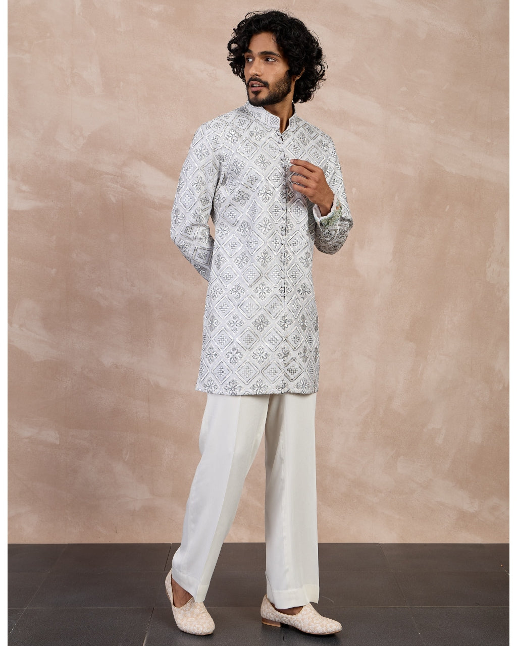 Grey & Ivory Dice Full Lupi Button Kurta Set