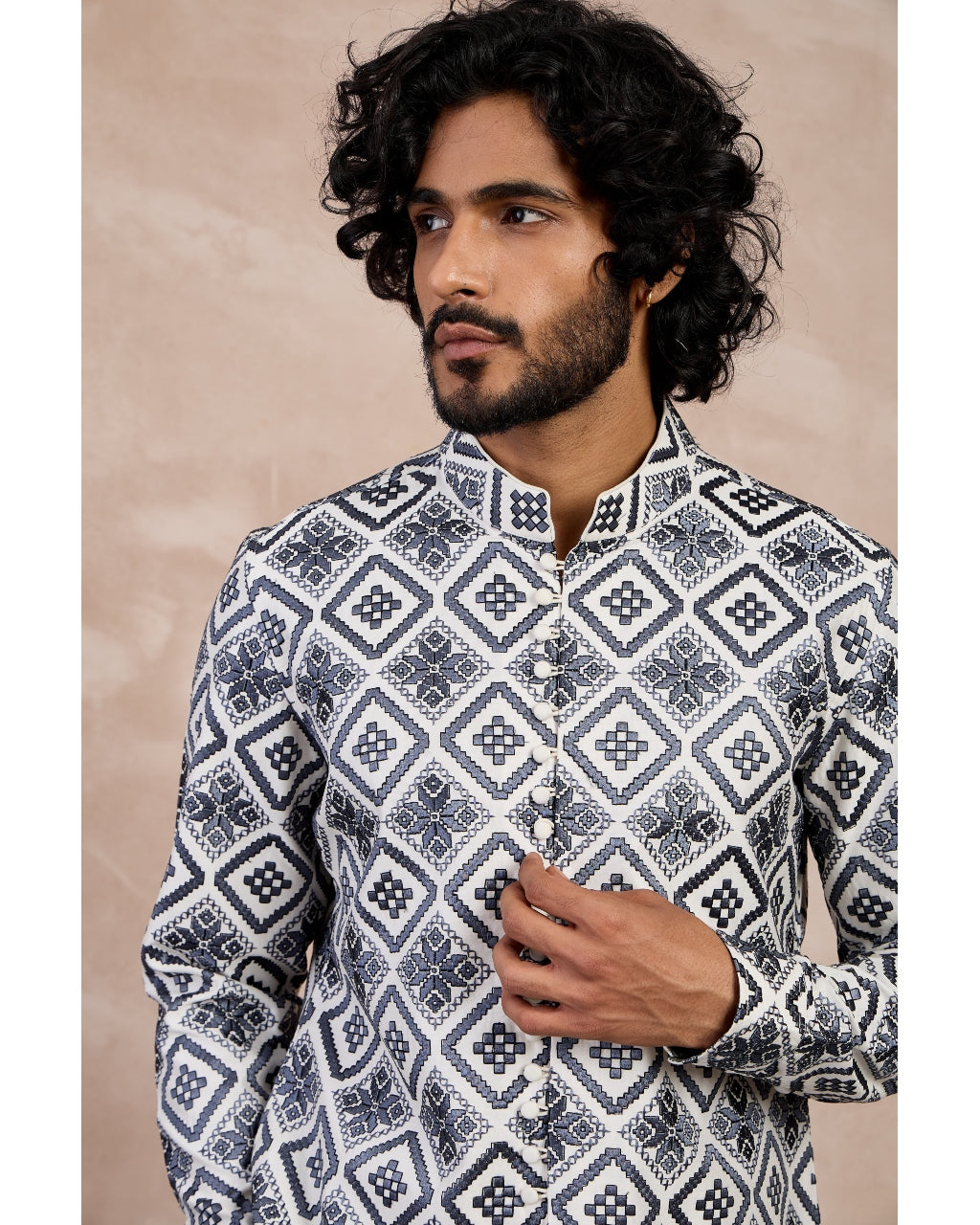 Ivory & Charcoal Dice Front Open Edge Cut Kurta Set