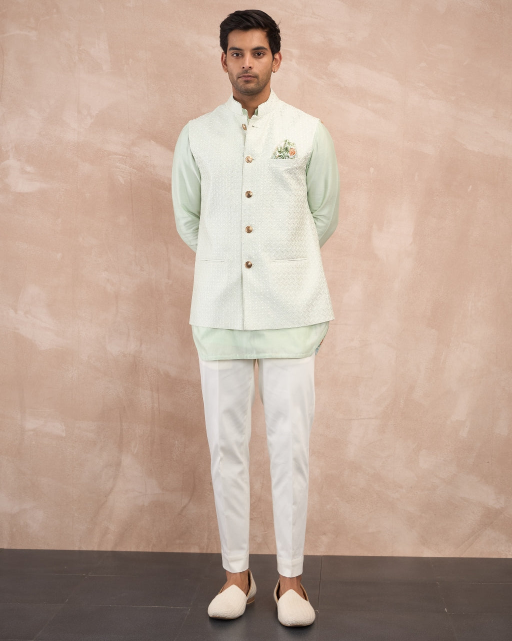 Mint Green Chanderi Silk Edge Cut Kurta Shirt Set