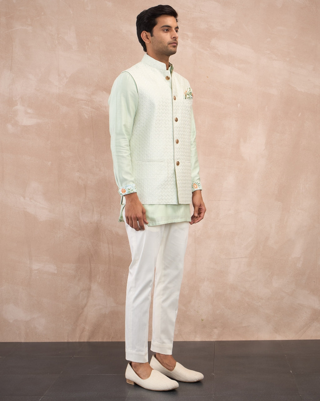 Mint Green Chanderi Silk Edge Cut Kurta Shirt Set