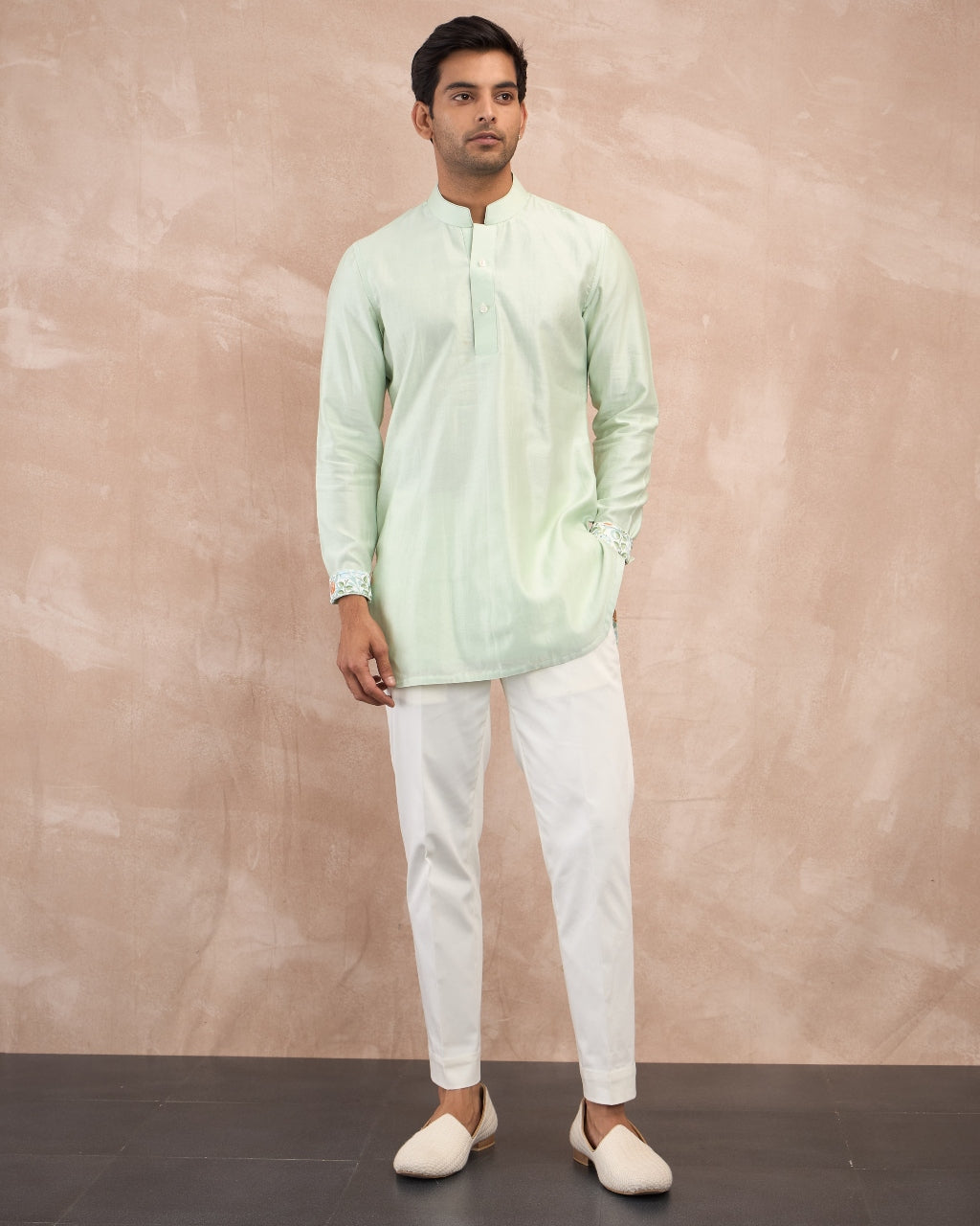 Mint Green Chanderi Silk Edge Cut Kurta Shirt Set