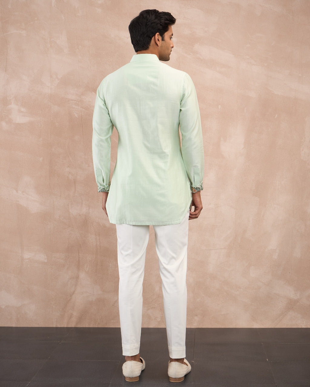 Mint Green Chanderi Silk Edge Cut Kurta Shirt Set