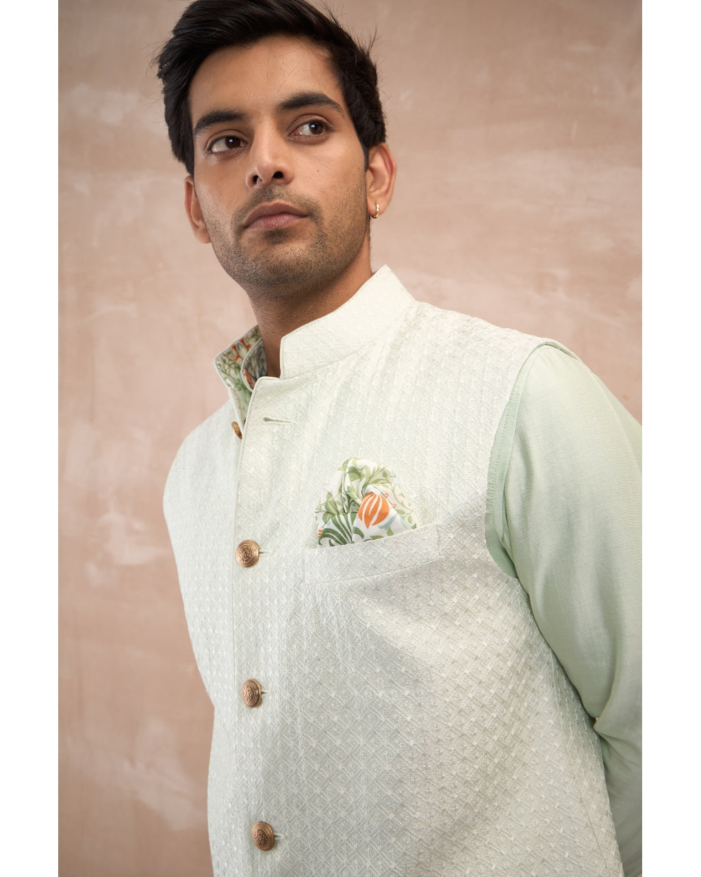 Mint Green Chanderi Silk Edge Cut Kurta Shirt Set