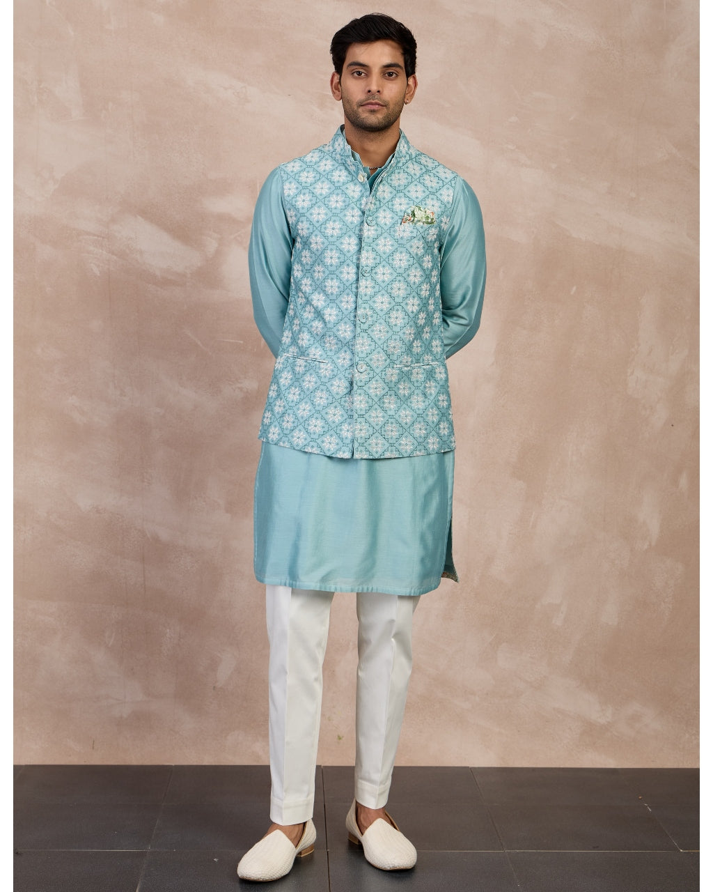 Dull Turquoise Plain Chanderi Straight Kurta Set